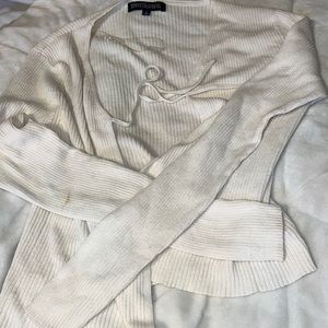 White cardigan . Small stain on the underside of the arm
